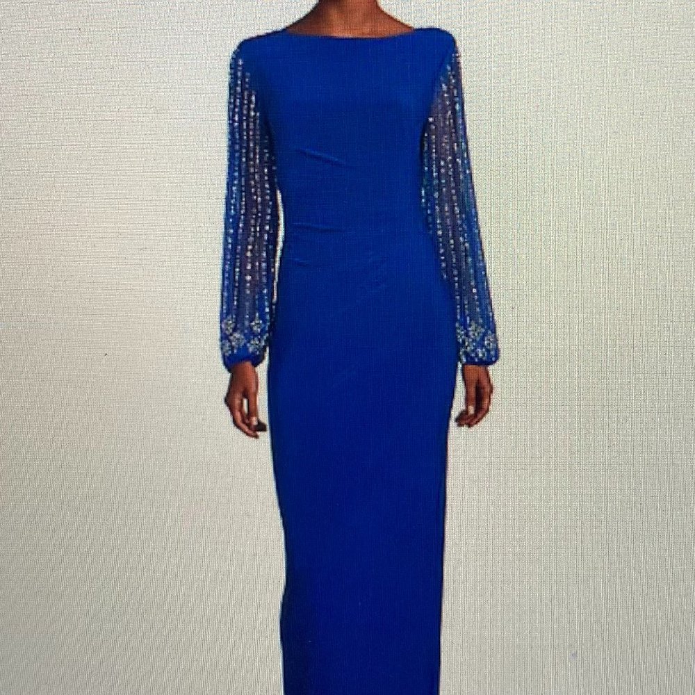 MARINA Evening Dress Beaded Sleeves - Cobalt Blue